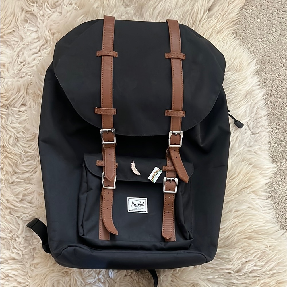Herschel Supply Company Black Backpack with Brown Straps (Large Size)